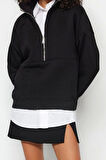 Oversize Dik Yaka Standart Geniş Kalıp Yarım Fermuarlı Kalın Polarlı Örme Sweatshirt