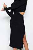 Moda Stil Fitted Dik Yaka Midi Boy Pencere Cut Out Detaylı Şık Abiye Elbise