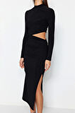 Moda Stil Fitted Dik Yaka Midi Boy Pencere Cut Out Detaylı Şık Abiye Elbise