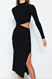 Moda Stil Fitted Dik Yaka Midi Boy Pencere Cut Out Detaylı Şık Abiye Elbise