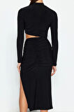 Moda Stil Fitted Dik Yaka Midi Boy Pencere Cut Out Detaylı Şık Abiye Elbise