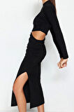 Moda Stil Fitted Dik Yaka Midi Boy Pencere Cut Out Detaylı Şık Abiye Elbise