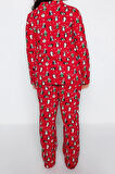 Tarz Rahat Büyük Beden Uzun Kollu Boru Paça Yılbaşı Temalı Örme Pijama Takımı