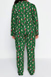 Tarz Rahat Büyük Beden Uzun Kollu Boru Paça Yılbaşı Temalı Örme Pijama Takımı