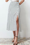 Moda A-line Puantiyeli Desen Günlük Midi Boy Puantiyeli Yırtmaç Detaylı Viskon Midi Dokuma Etek