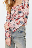 Moda Kare Yaka Örme Slim Fit Baskılı Desen Casual Günlük Crop Uzun Kol Bluz