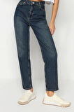 Stil Kadın Moda Denim Kot Pantolon Regular Boru Paça Mavi Yüksek Bel Slim Mom Jeans