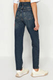 Stil Kadın Moda Denim Kot Pantolon Regular Boru Paça Mavi Yüksek Bel Slim Mom Jeans