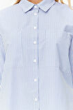 Moda Kadın Gömlek Yaka Çizgili Desen Resmi Çizgili Cep Detaylı Oversize Geniş Kalıp Dokuma Gömlek
