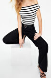 Moda Kayık Yaka Örme Slim Geometrik Desen Casual Günlük Regular Kısa Kol Bluz