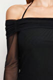 Moda Carmen Yaka Örme Regular Düz Desen Casual Günlük Crop Uzun Kol Bluz