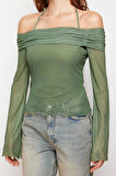 Moda Carmen Yaka Örme Regular Düz Desen Casual Günlük Crop Uzun Kol Bluz