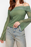 Moda Carmen Yaka Örme Regular Düz Desen Casual Günlük Crop Uzun Kol Bluz