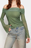 Moda Carmen Yaka Örme Regular Düz Desen Casual Günlük Crop Uzun Kol Bluz