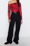 Moda Asimetrik Yaka Örme Slim Çiçekli Desen Casual Günlük Regular Uzun Kol Bluz