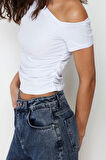 Moda Asimetrik Yaka Örme Slim Düz Desen Casual Günlük Regular Kısa Kol Bluz