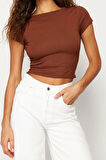 Moda Bisiklet Yaka Örme Slim Düz Desen Casual Günlük Crop Kısa Kol Bluz