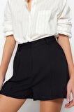 Moda Dokuma Normal Bel Geniş Paça Gündelik Siyah Gold Aksesuar Detaylı Yüksek Bel Dokuma Şort