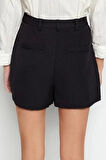 Moda Dokuma Normal Bel Geniş Paça Gündelik Siyah Gold Aksesuar Detaylı Yüksek Bel Dokuma Şort
