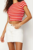 Moda Bisiklet Yaka Örme Slim Çizgili Desen Casual Günlük Crop Kısa Kol Bluz