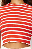 Moda Bisiklet Yaka Örme Slim Çizgili Desen Casual Günlük Crop Kısa Kol Bluz