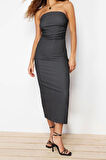 Moda Slim Casual Günlük Bürümcük Örme Straplez Kolsuz Kol Bodycone Midi Boy Elbise