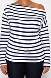 Moda Büyük Beden Kayık Yaka Örme Slim Çizgili Desen Casual Günlük Regular Uzun Kol Bluz