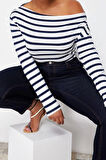 Moda Büyük Beden Kayık Yaka Örme Slim Çizgili Desen Casual Günlük Regular Uzun Kol Bluz