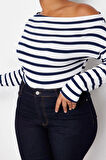 Moda Büyük Beden Kayık Yaka Örme Slim Çizgili Desen Casual Günlük Regular Uzun Kol Bluz