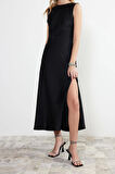 Moda Fit Mezuniyet Balo Saten Dokuma Bisiklet Yaka Kolsuz Kol Shift Maxi Boy Elbise
