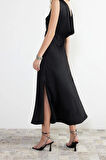 Moda Fit Mezuniyet Balo Saten Dokuma Bisiklet Yaka Kolsuz Kol Shift Maxi Boy Elbise