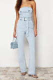 Kadın Moda Standart Kol Geniş Paça Straplez Düz Desen Regular Kemerli Straplez Denim Tulum