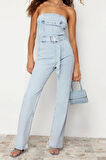 Kadın Moda Standart Kol Geniş Paça Straplez Düz Desen Regular Kemerli Straplez Denim Tulum