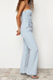 Kadın Moda Standart Kol Geniş Paça Straplez Düz Desen Regular Kemerli Straplez Denim Tulum