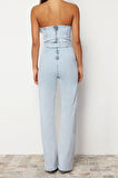 Kadın Moda Standart Kol Geniş Paça Straplez Düz Desen Regular Kemerli Straplez Denim Tulum
