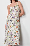 Moda Stil Regular V Yaka Midi Boy Çiçek Desenli Belden Açılan Dokuma Elbise