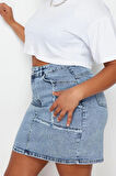 Moda Büyük Beden Regular Düz Desen Günlük Mini Boy Dikiş Ve Püskül Detaylı Mini Denim Etek