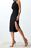 Moda Fit Mezuniyet Balo Finike Dokuma Halter Yaka Kolsuz Kol Shift Midi Boy Elbise