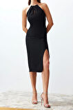 Moda Fit Mezuniyet Balo Finike Dokuma Halter Yaka Kolsuz Kol Shift Midi Boy Elbise