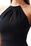 Moda Fit Mezuniyet Balo Finike Dokuma Halter Yaka Kolsuz Kol Shift Midi Boy Elbise