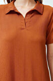 Moda Rahat Casual Günlük Bürümcük Örme Polo Yaka Kısa Kol T-Shirt Elbise Midi Boy Elbise
