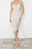 Moda Slim Casual Günlük Fitilli Triko V Yaka Uzun Kol Bodycone Midi Boy Elbise
