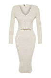 Moda Slim Casual Günlük Fitilli Triko V Yaka Uzun Kol Bodycone Midi Boy Elbise