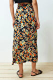 Moda Regular Çiçekli Desen Günlük Midi Boy Viskon Kumaş Yırtmaçlı Midi Dokuma Etek