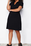 Moda Slim Casual Günlük Kaşkorse Örme Polo Yaka Kısa Kol A-Line Midi Boy Büyük Beden Elbise