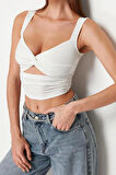 Moda Kalp Yaka Örme Fit Düz Desen Şık gece Crop Askılı Kol Bluz