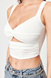 Moda Kalp Yaka Örme Fit Düz Desen Şık gece Crop Askılı Kol Bluz