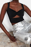 Moda Kalp Yaka Örme Fit Düz Desen Şık gece Crop Askılı Kol Bluz