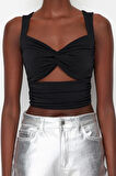 Moda Kalp Yaka Örme Fit Düz Desen Şık gece Crop Askılı Kol Bluz