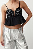 Moda Kalp Yaka Dokuma Crop Düz Desen Şık gece Crop Askılı Kol Bluz